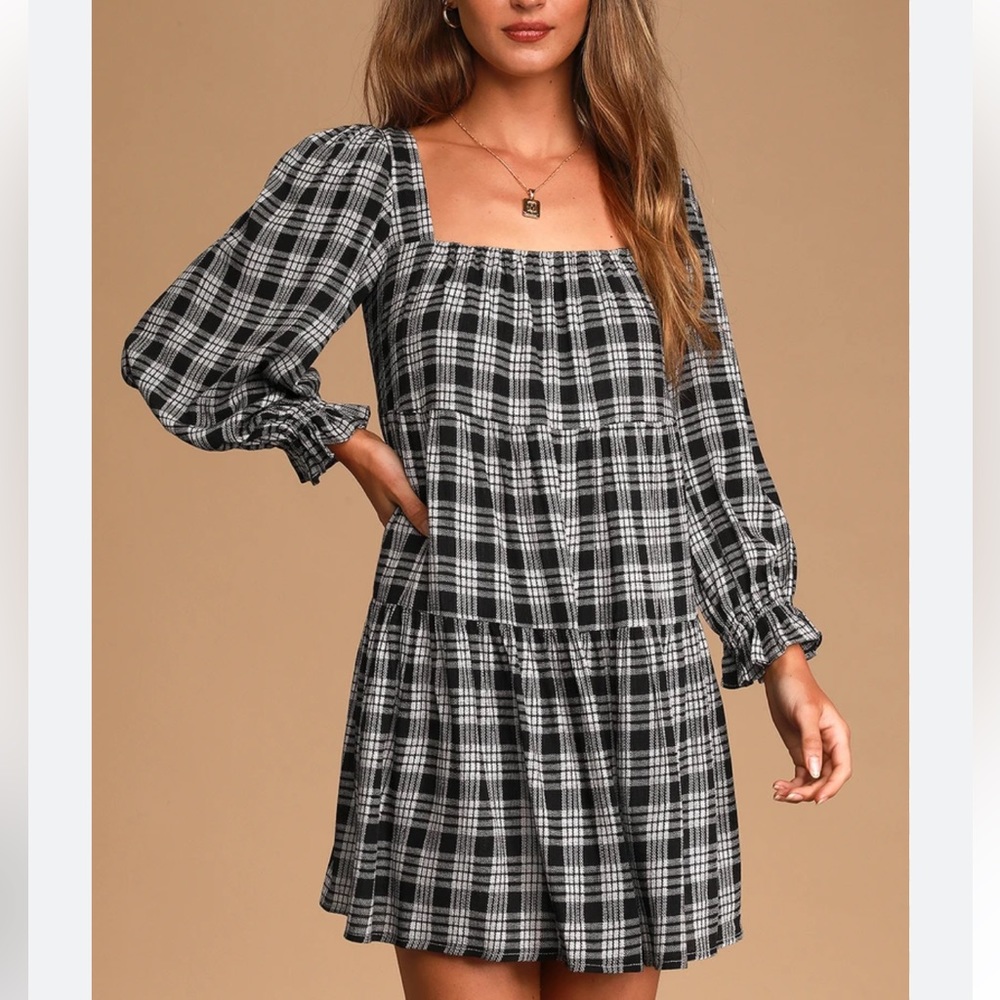 Lulu’s Baby, Plaid That Song Black Plaid Babydoll Mini Dress Black Gray Medium